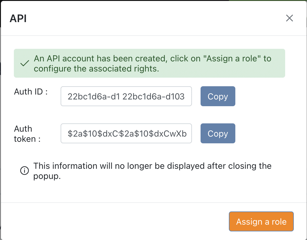 Popup affichant l'Auth ID et l'Auth Token du compte API créé