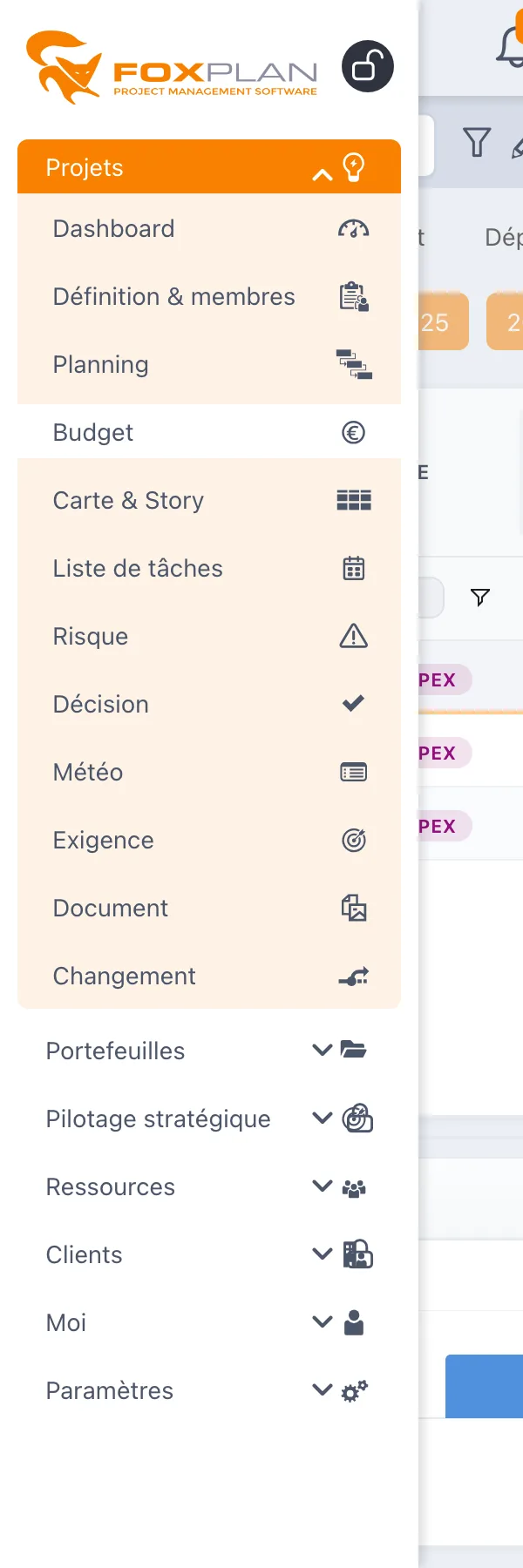 Accès au menu Budget du projet