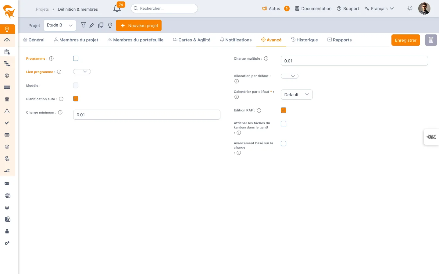 Onglet Avancé de la définition du projet : option « Auto schedule » par défaut