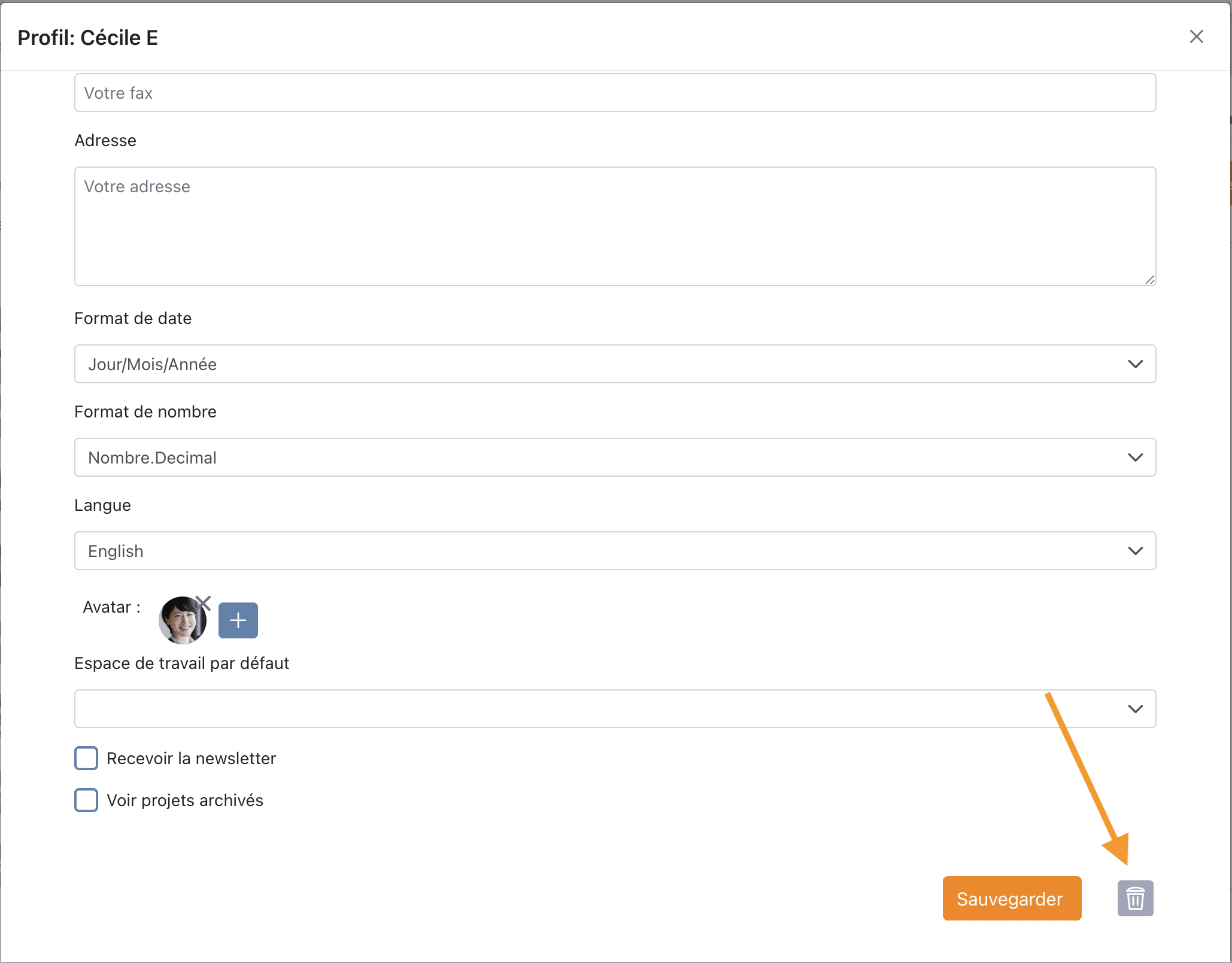 Bouton de suppression au bas de la fiche d'un membre