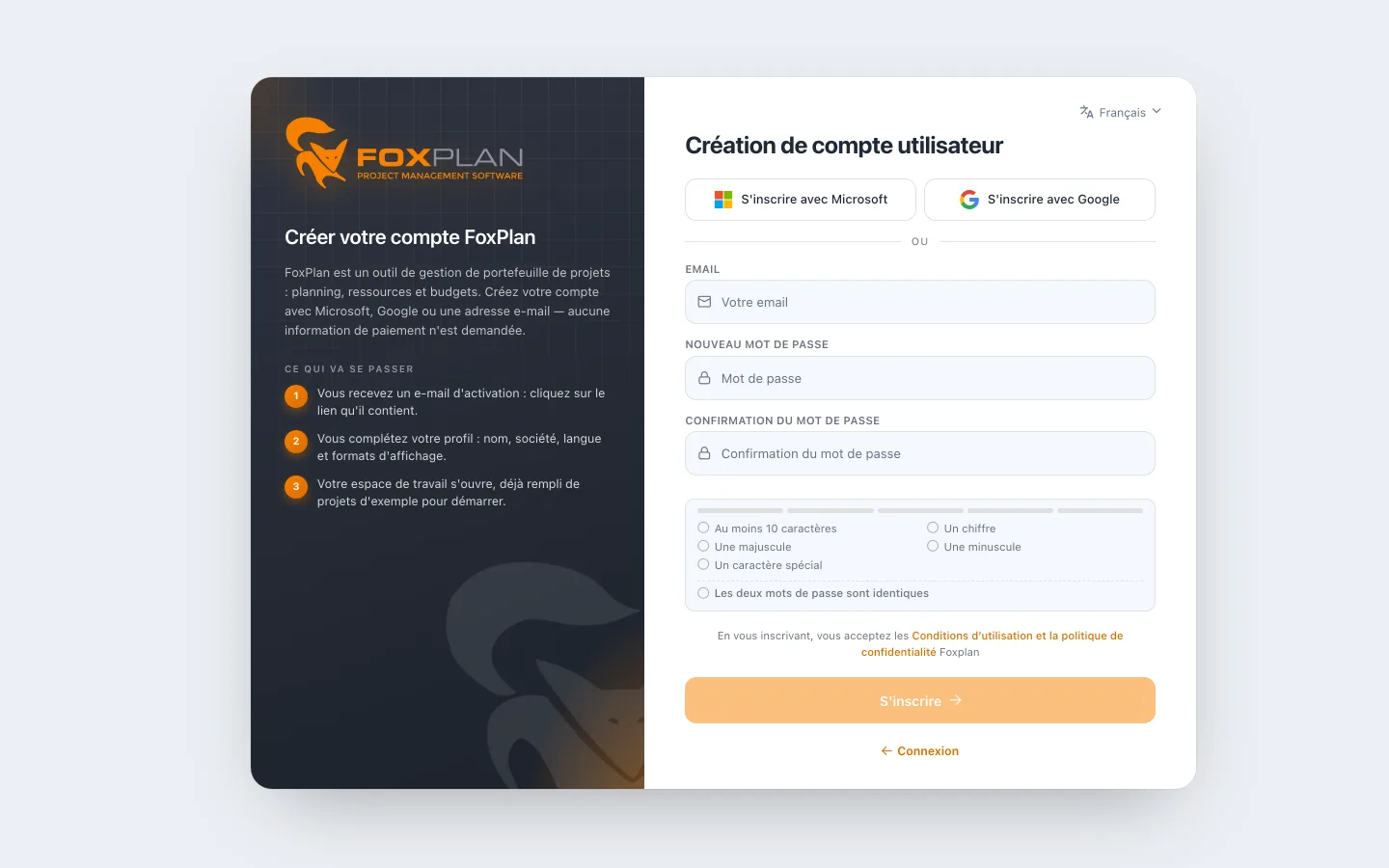 Formulaire d'inscription FoxPlan