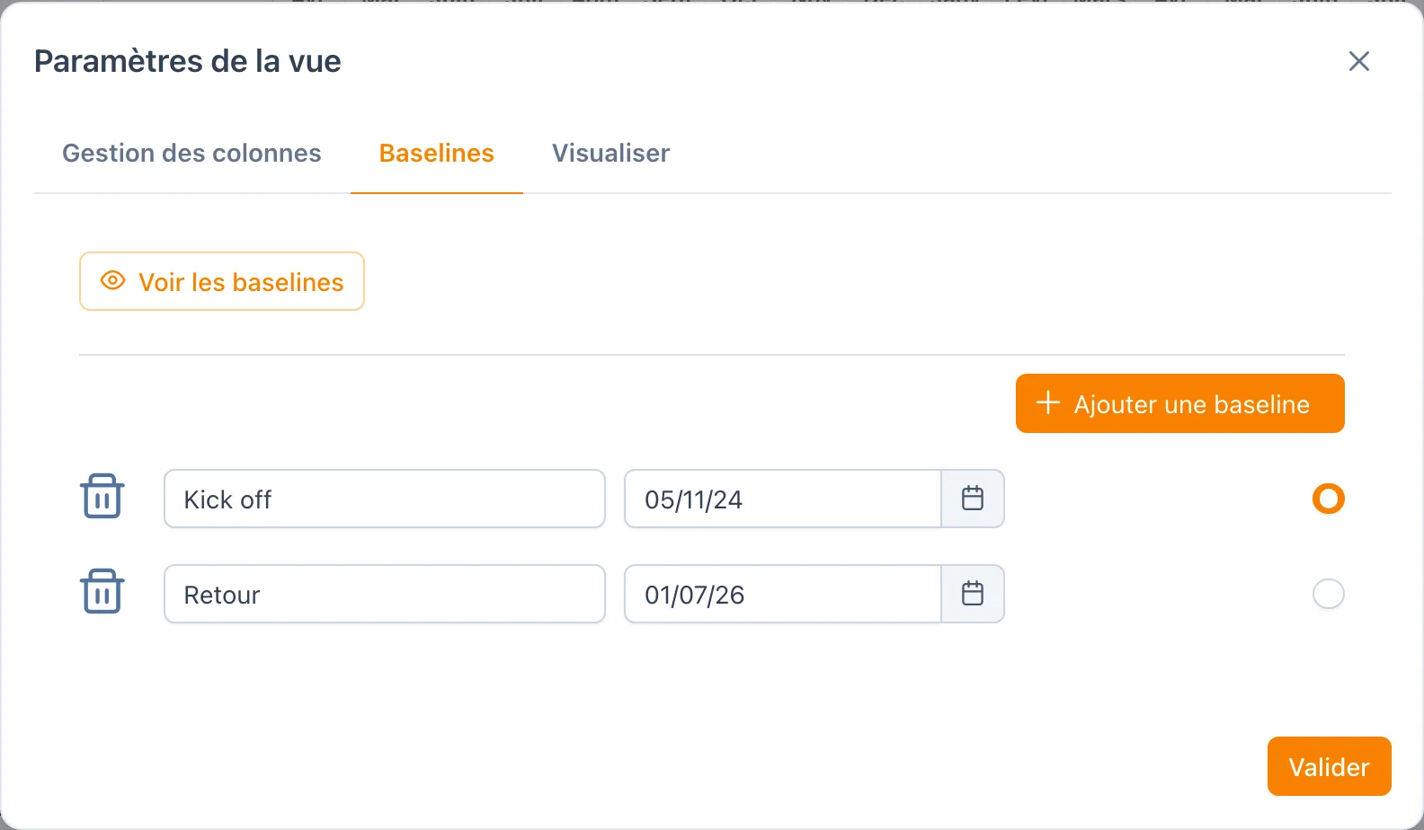 Boîte de dialogue Baselines : ajout d'une baseline avec libellé et date