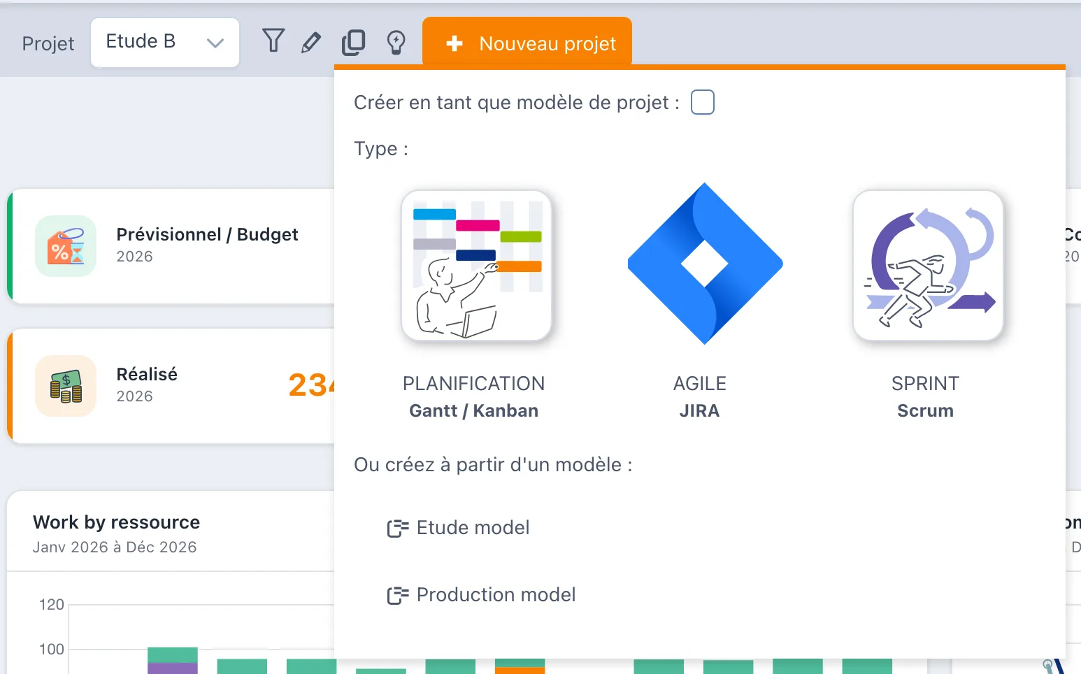Choix du type de projet : Gantt, Kanban, Scrum