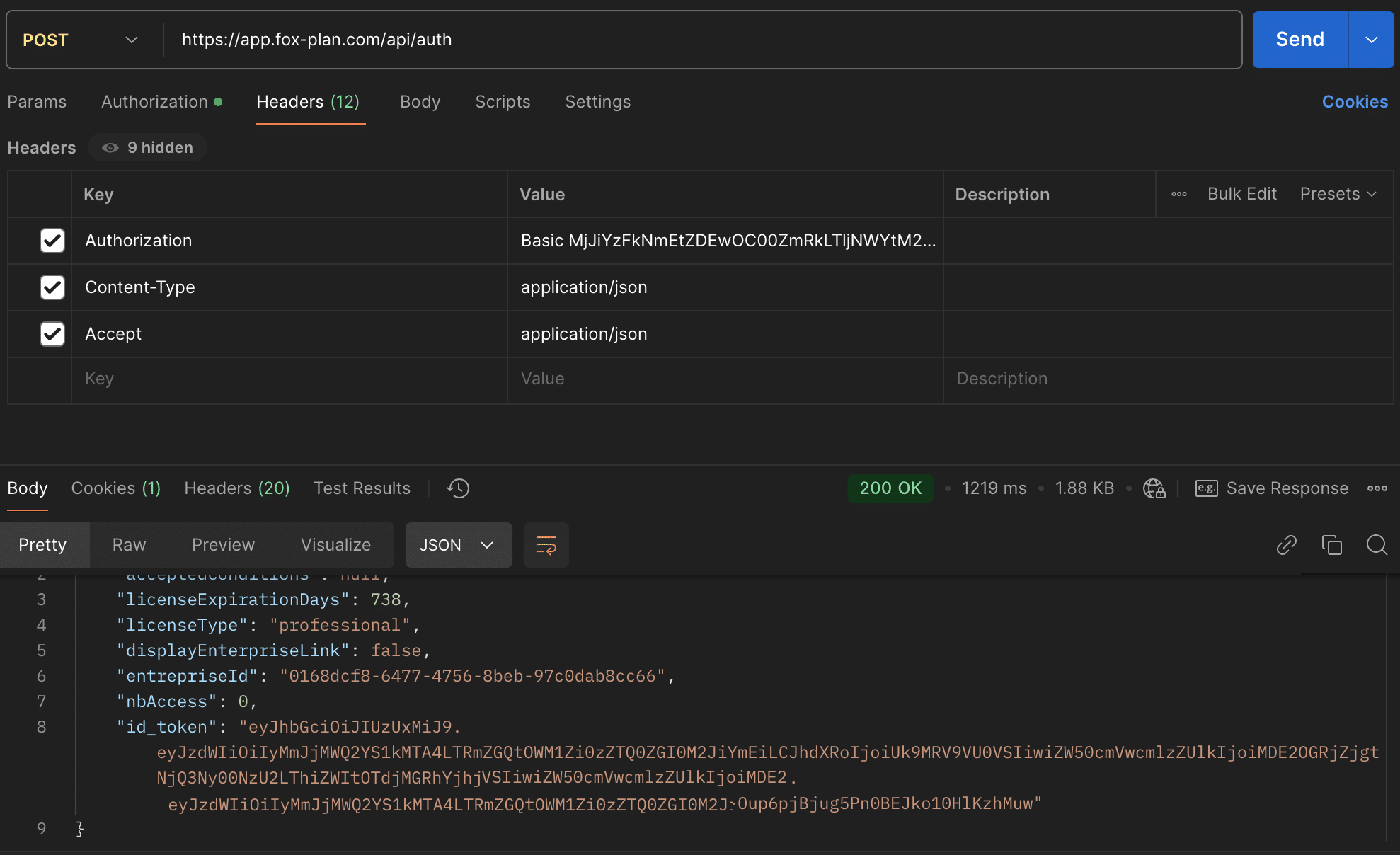POST-Anfrage /api/auth in Postman, die das id_token zurückgibt
