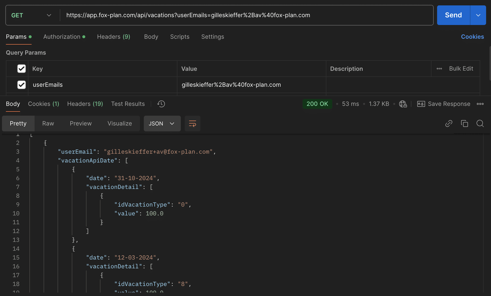 Aufruf eines Endpoints mit dem Bearer Token in Postman