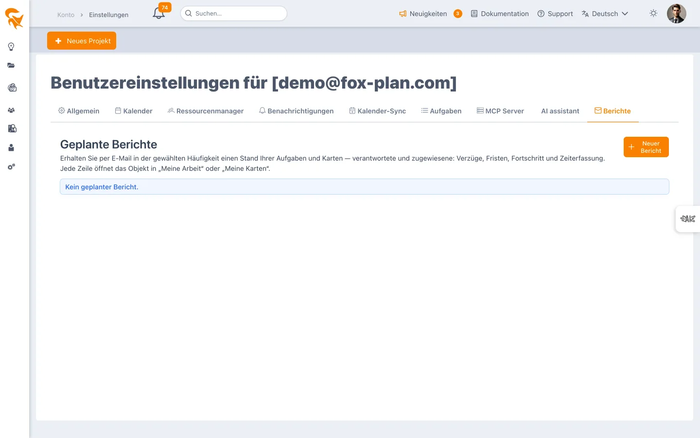 Registerkarte Berichte im Benutzerprofil