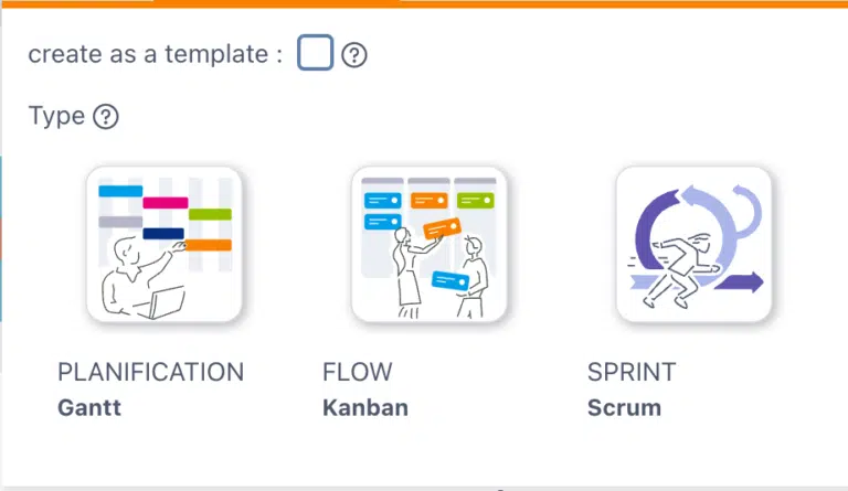 Auswahl des Projekttyps: Gantt, Kanban, Scrum