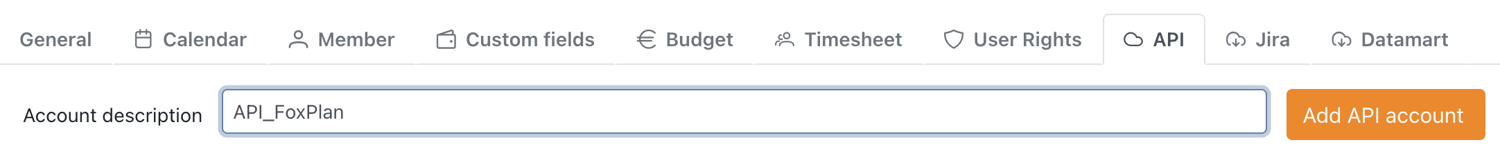 API tab: account description field and "Add API account" button