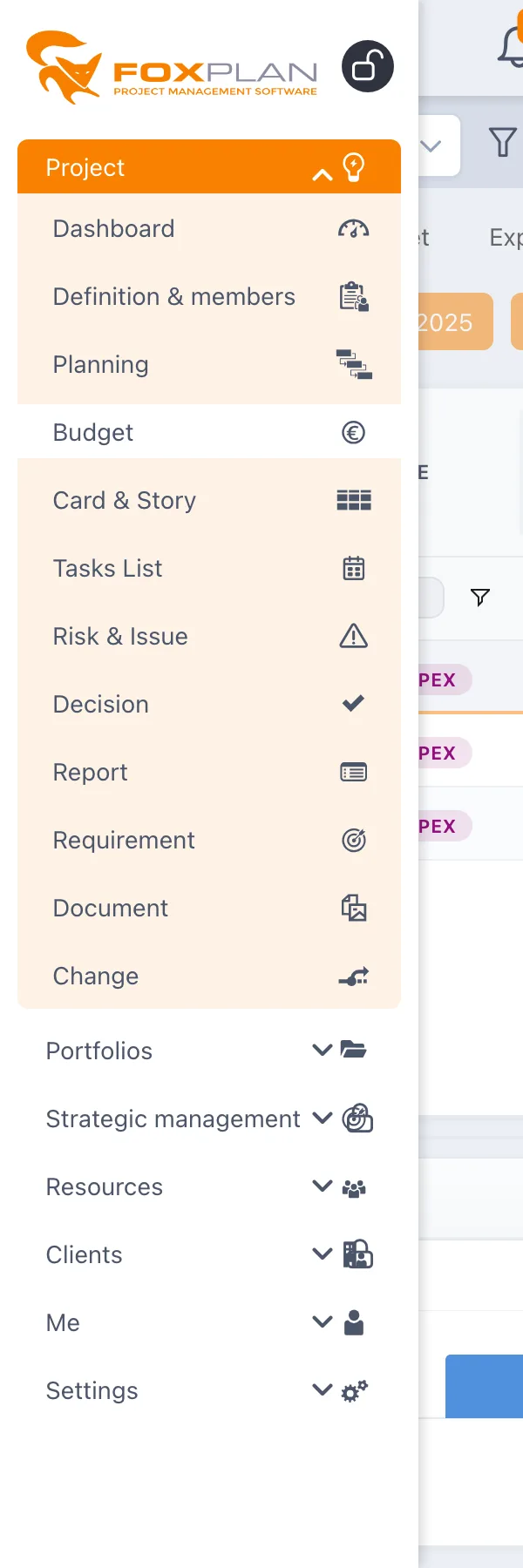 Accessing the project Budget menu