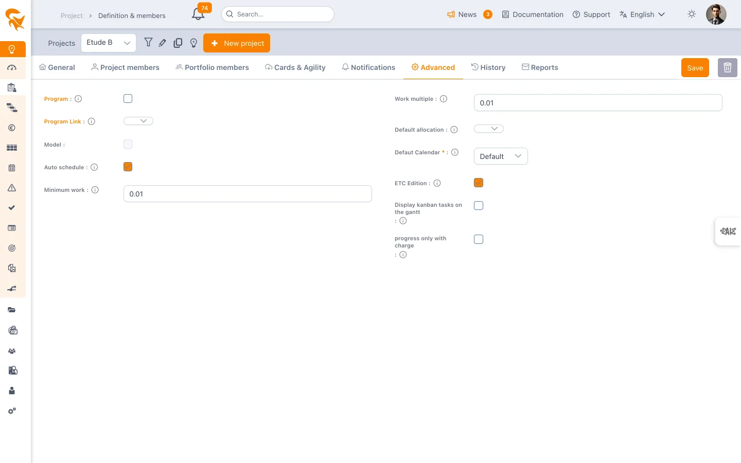 Project definition Advanced tab: default "Auto schedule" option