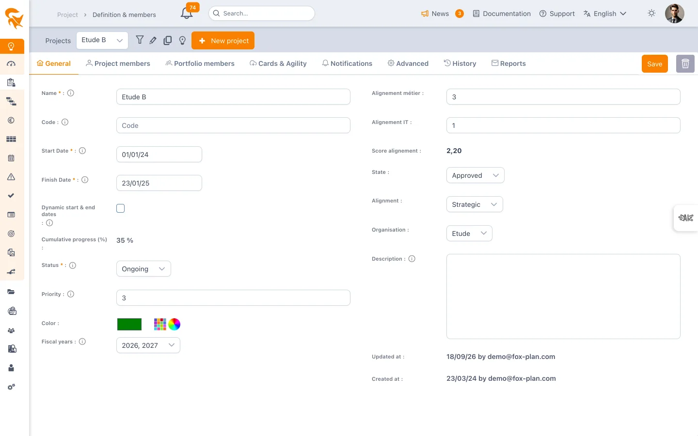 General tab of the project definition