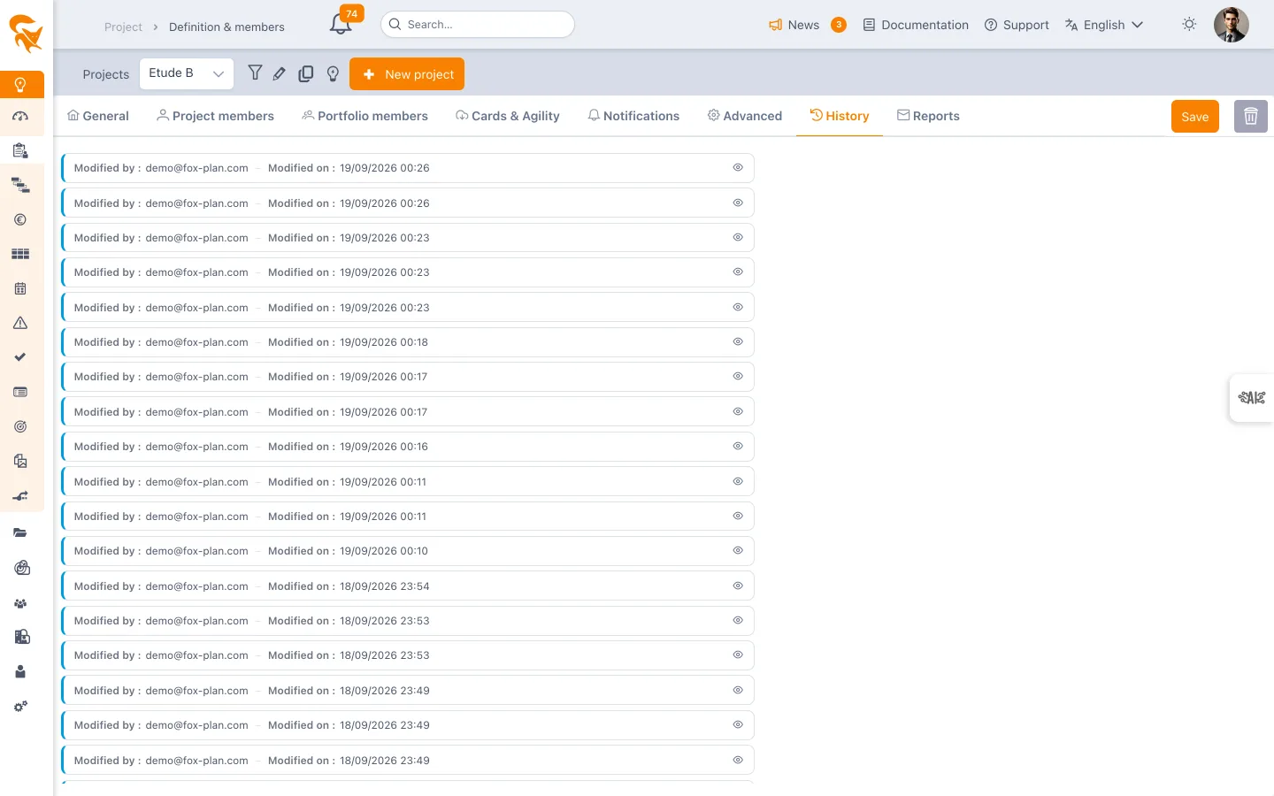 History tab: log of project changes
