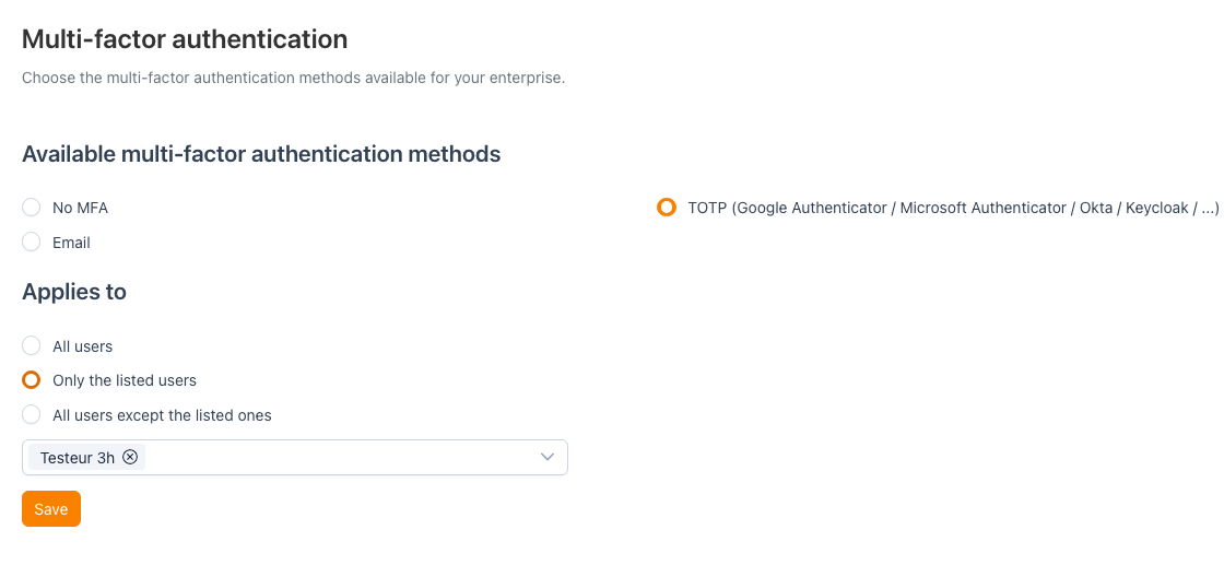 Multi-factor authentication tab with the applicability scope
