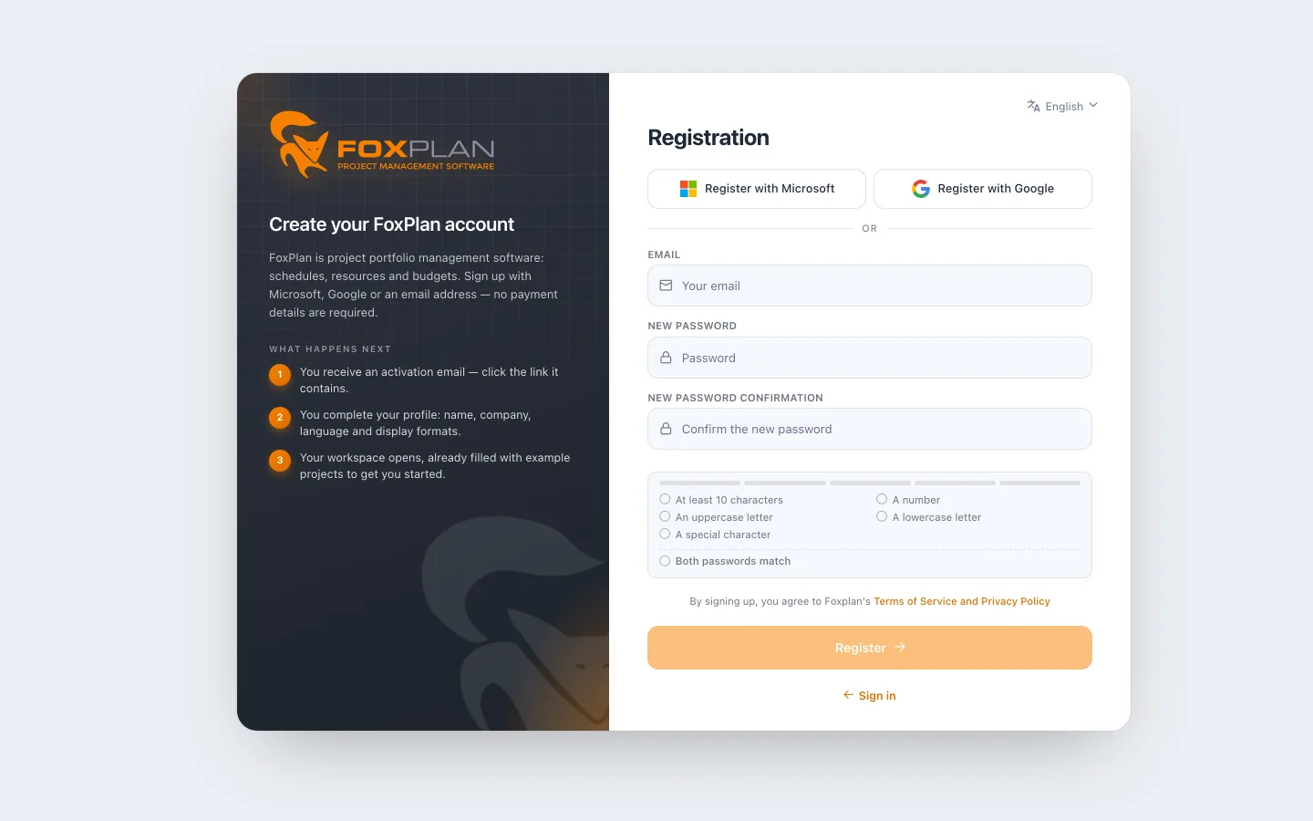 FoxPlan registration form
