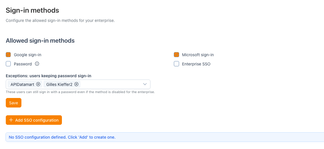 Sign-in methods tab with the exception list