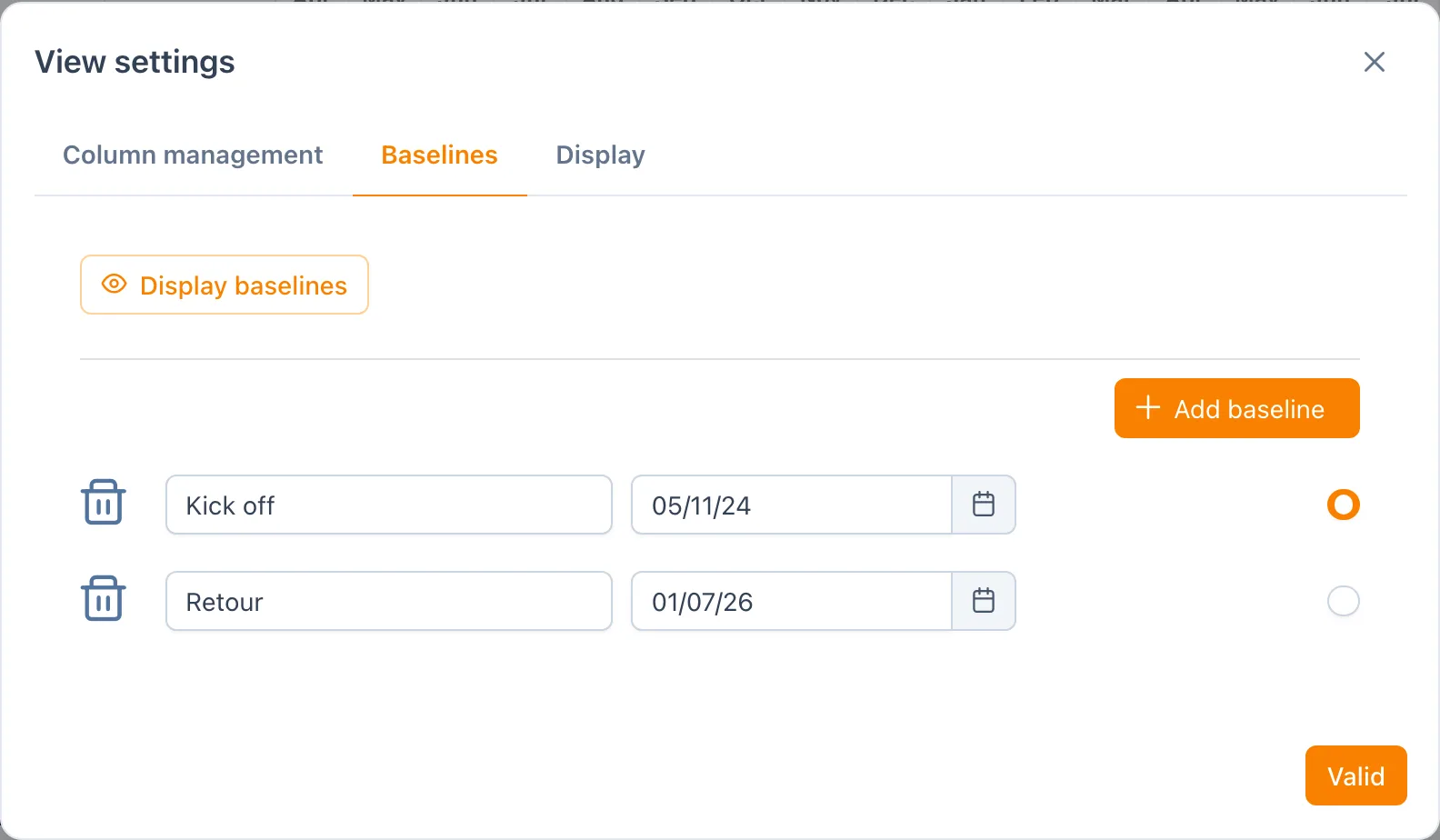 Baselines dialog: adding a baseline with a label and a date