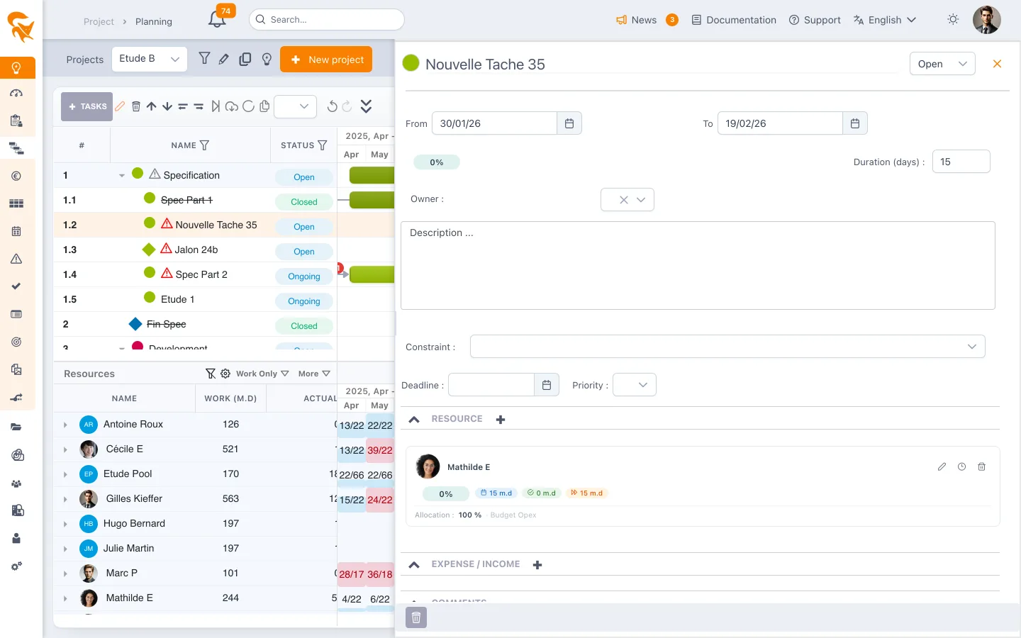 Task edit panel: dates, progress, owner and scheduling constraint