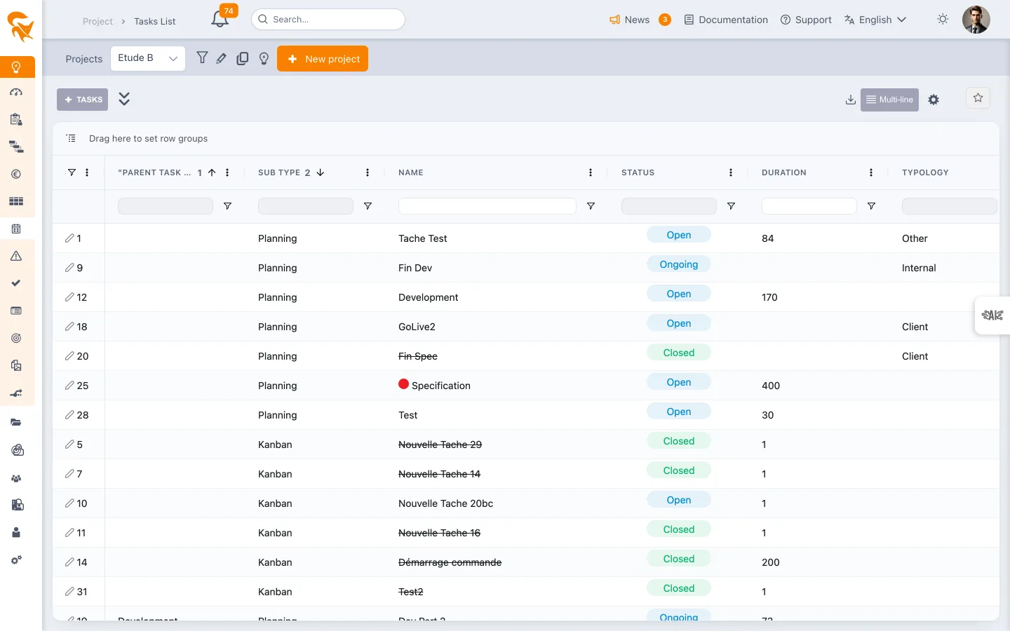 Project task list