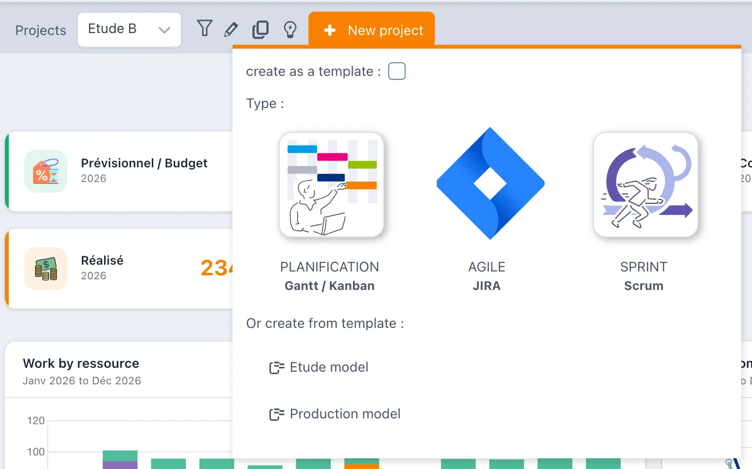 Project type selection: Gantt, Kanban, Scrum