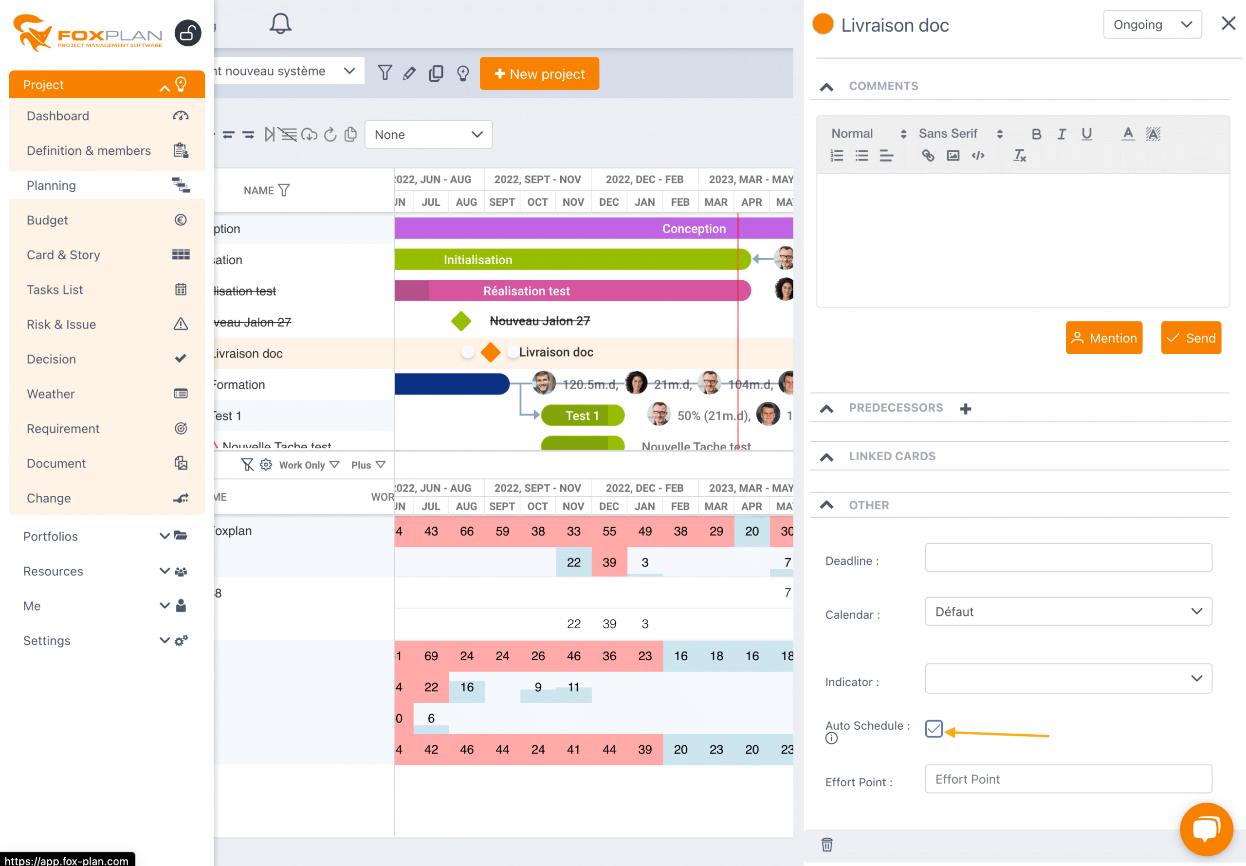 Vista general de la Planificación: cuadrícula de tareas, Gantt y panel de edición