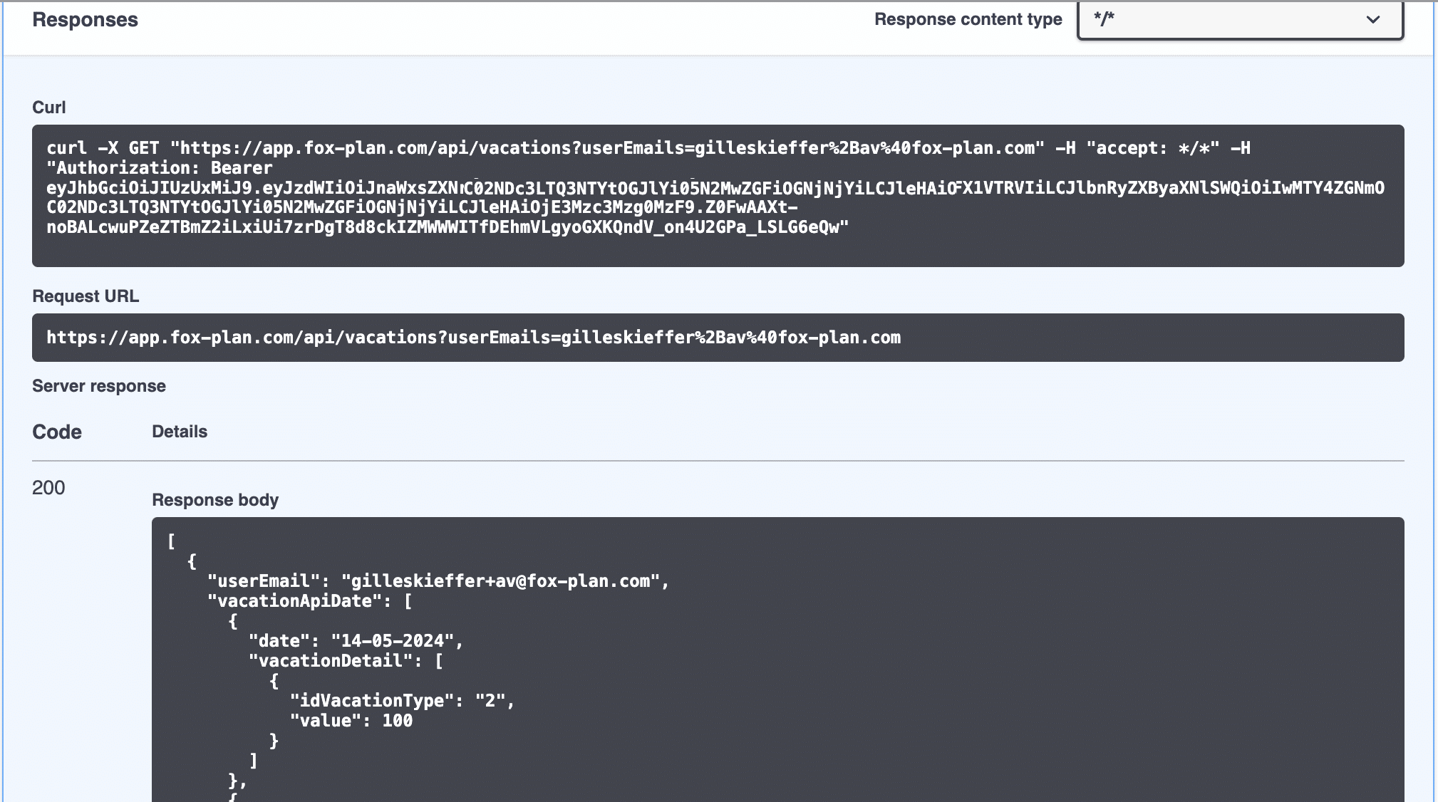 Resposta 200 da API com o comando curl e o corpo JSON
