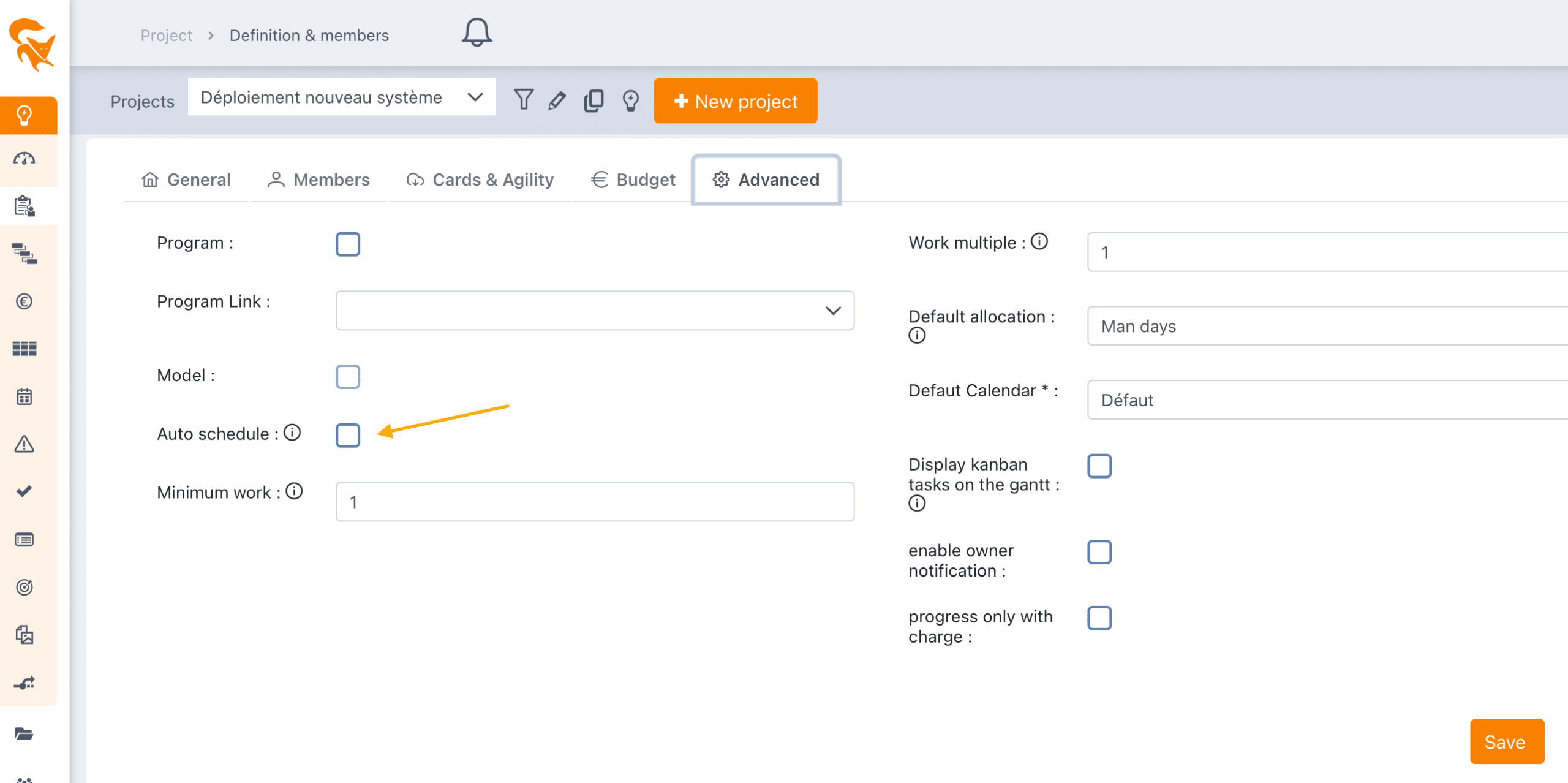 Aba Avançado da definição do projeto: opção "Auto schedule" padrão