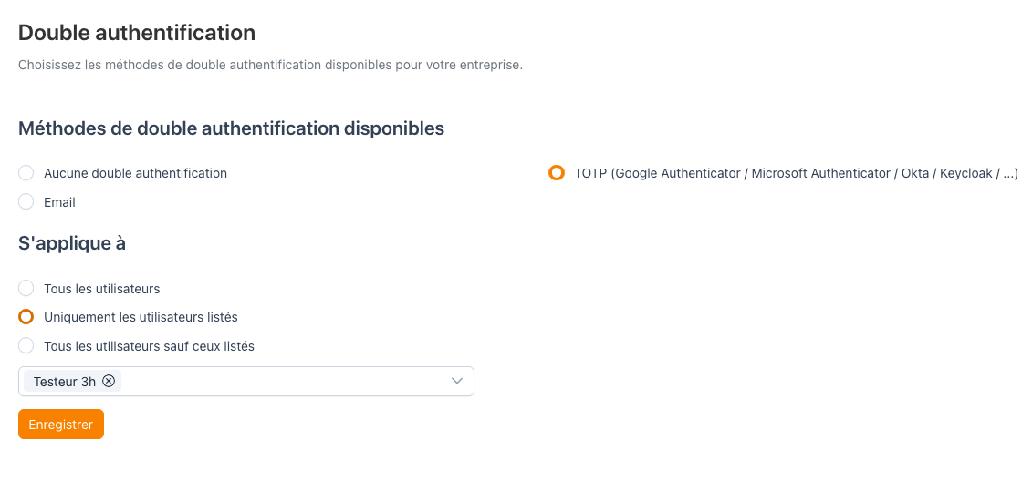 Aba Autenticação em duas etapas com o escopo de aplicação