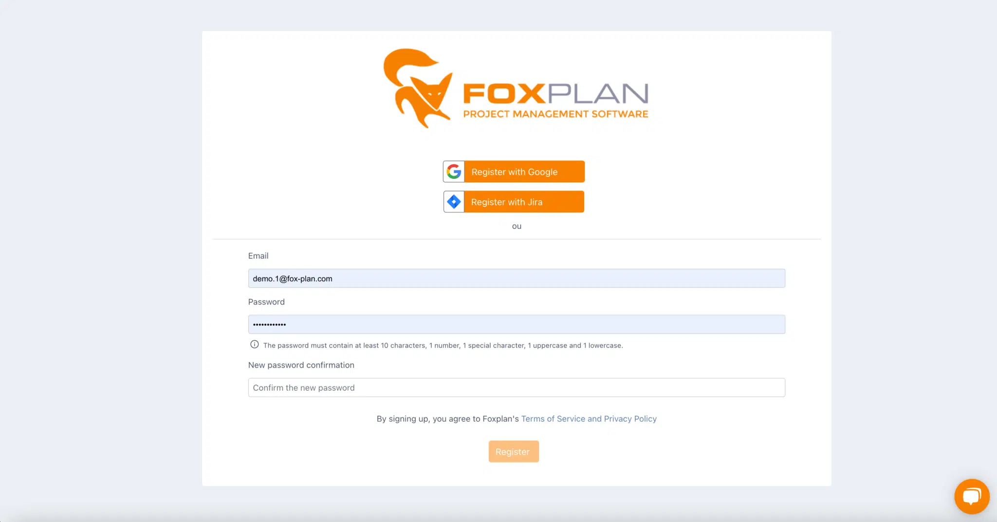 Formulário de cadastro do FoxPlan