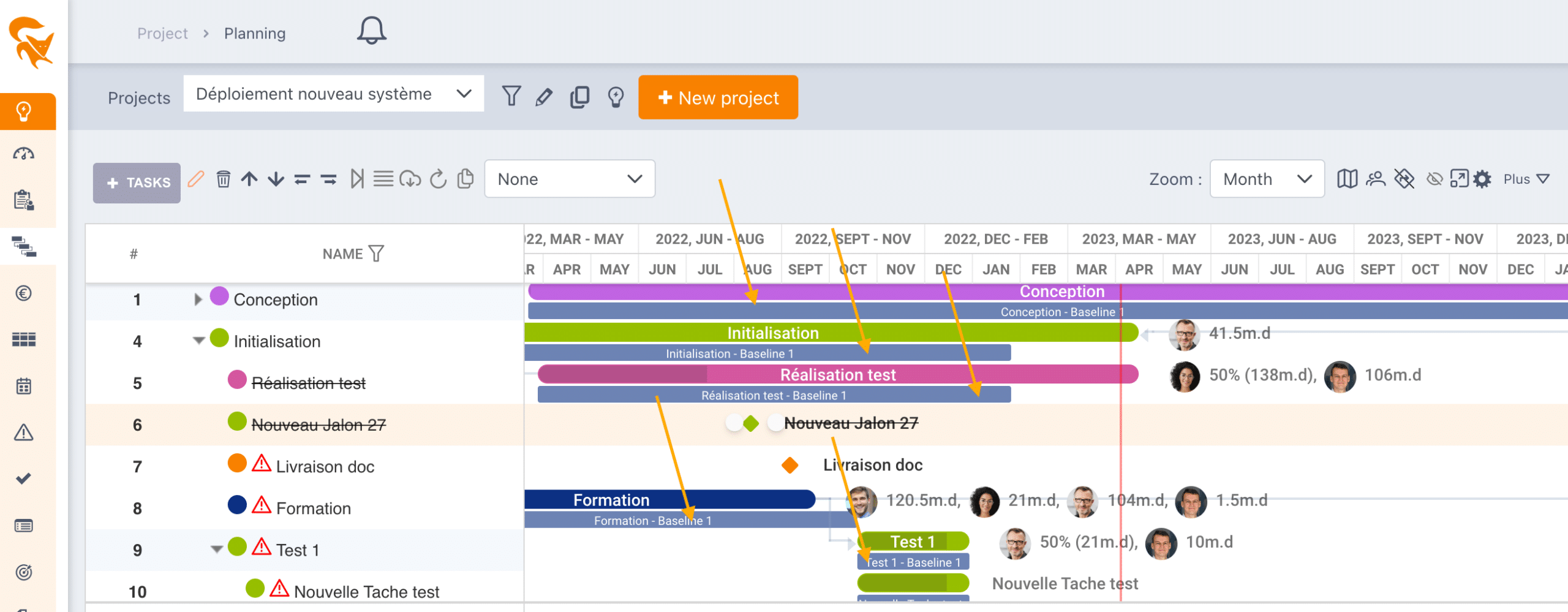 Linhas de base exibidas sob as barras do Gantt para comparar com o real