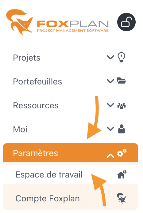 Menu Configurações → Espaço de trabalho