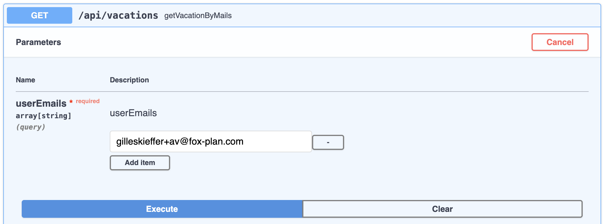 Preenchimento dos parâmetros e botão «Execute» no Swagger